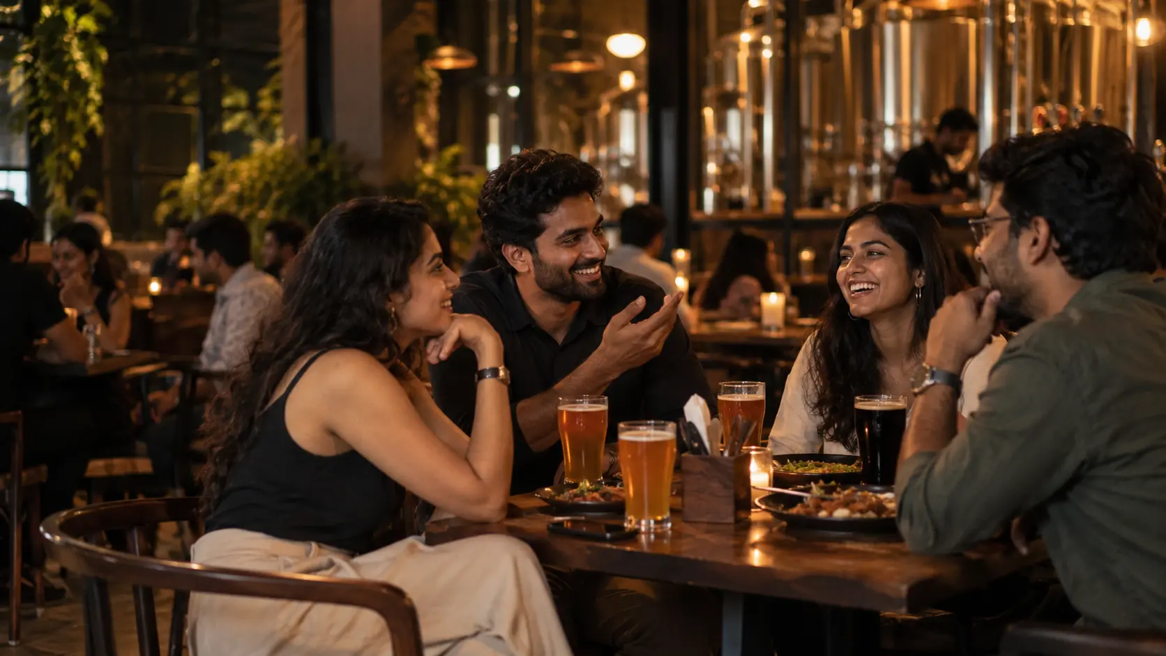 Four friends laughing over craft beers at a partner brewery in Bangalore